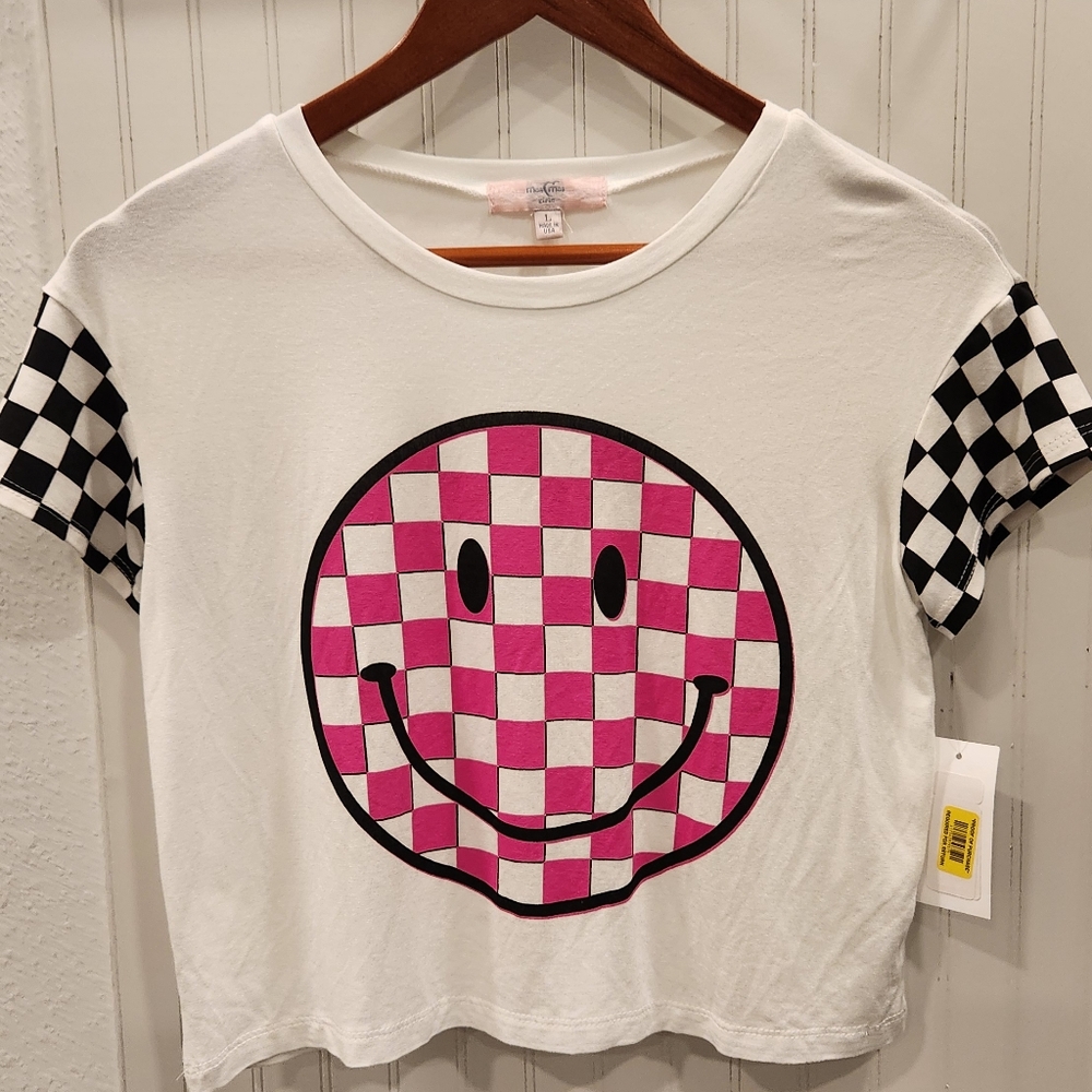 Checkered Smiley Face Girls Cropped Tee